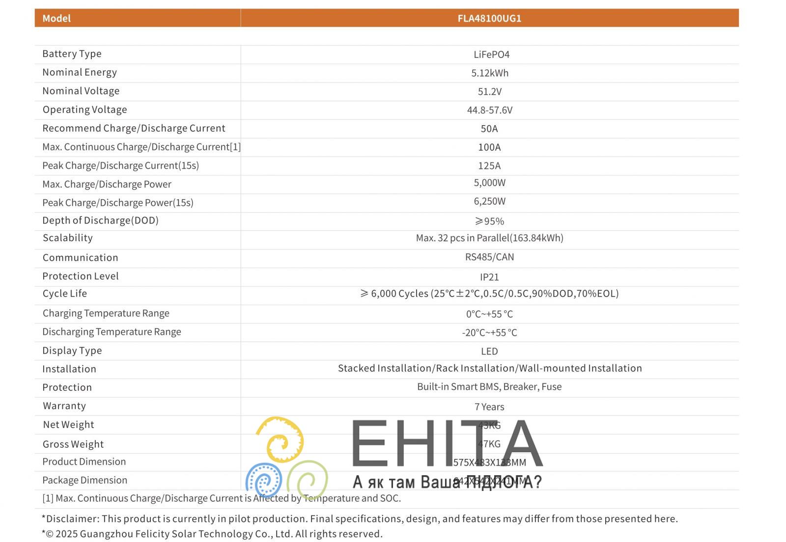 Акумулятор Felicity FLA48100UG1 5.12 kWh Тех опис FLA48100UG1