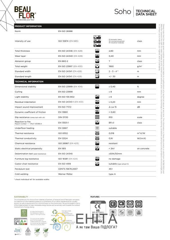 Beauflor SOHO Технические характеристики